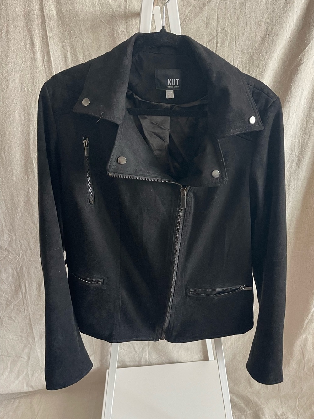 EUC Kut from the Kloth Quinn Black Faux Suede Asymmetrical Moto Jacket Sz XL